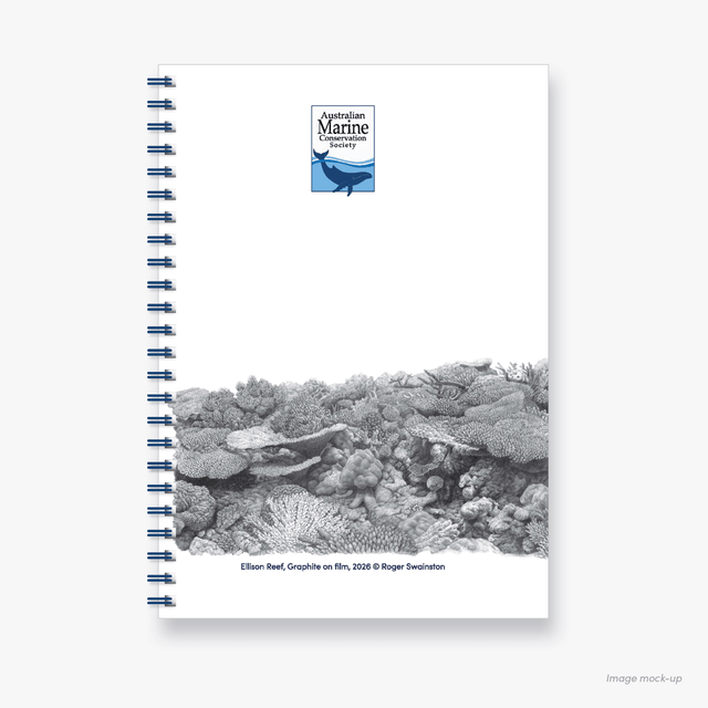 Spiral-bound A5 notebook featuring hand-drawn back cover artwork of Ellison Reef by artist Roger Swainston.