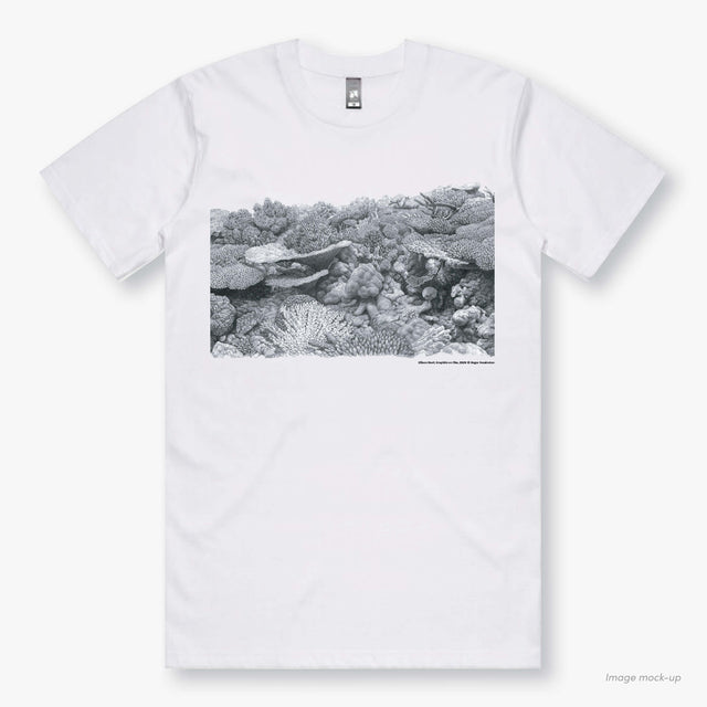 Ellison Reef white, organic cotton t-shirt featuring printed artwork by Roger Swainston (front).
