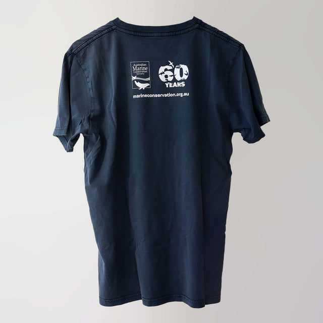 Era 1980s organic cotton, short sleeve, stone washed dark denim-blue t-shirt (back) with AMCS 60 years logo print.