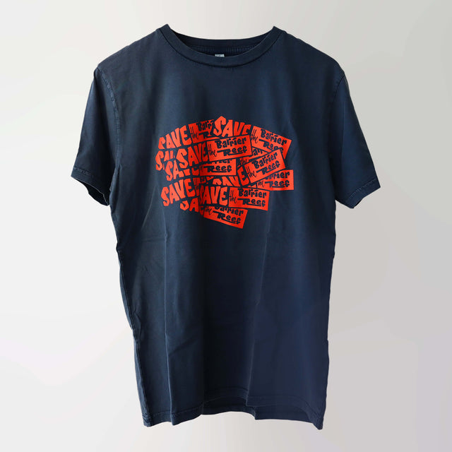 Era 1980s organic cotton, short sleeve, stone washed dark denim-blue t-shirt (front) with a red repeat pattern print of the “Save the Barrier Reef” campaign slogan.