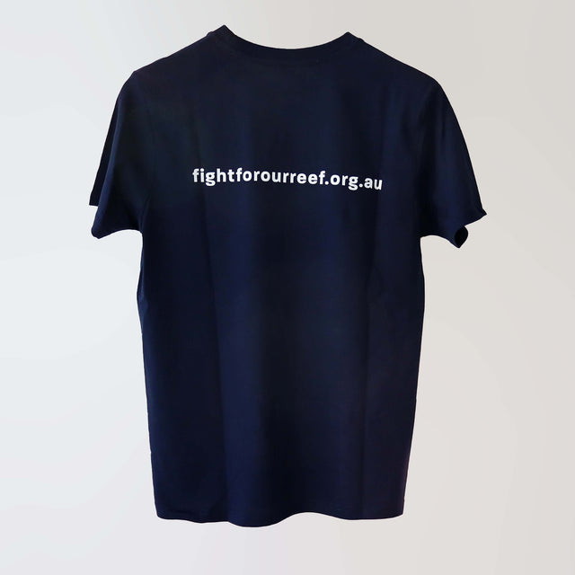Navy, organic cotton t-shirt with 'fightforourreef.org.au' text printed in white.