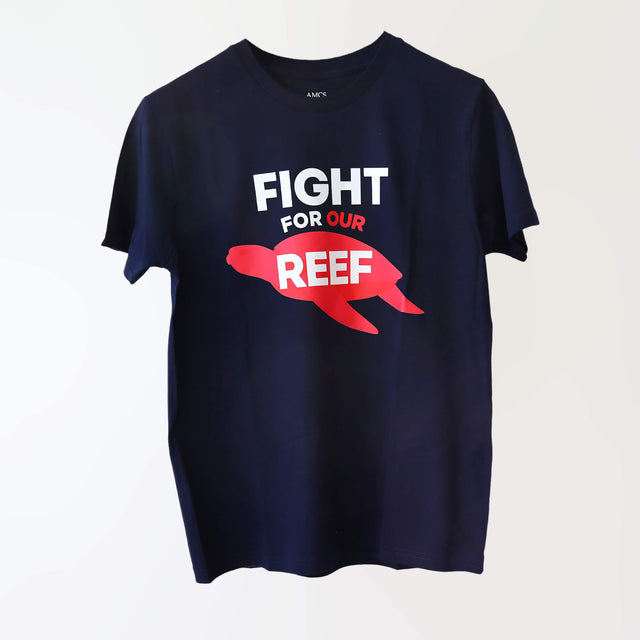 Navy, organic cotton t-shirt (front) printed with 'Fight for Our Reef' logo in white and pink.