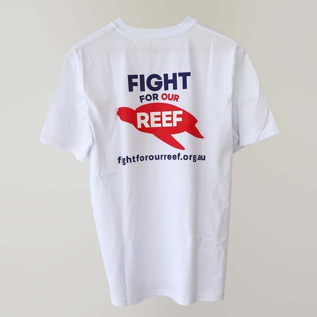 White, organic cotton t-shirt (front) printed with 'Fight for Our Reef' logo in navy and pink, and 'fightforourreef.org.au' text in navy.