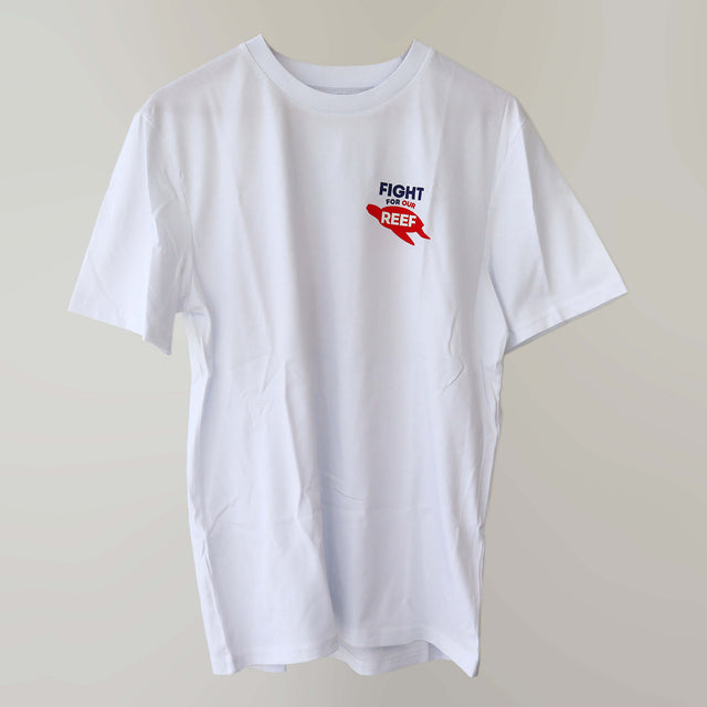 White, organic cotton t-shirt (front) printed with 'Fight for Our Reef' logo in navy and pink.