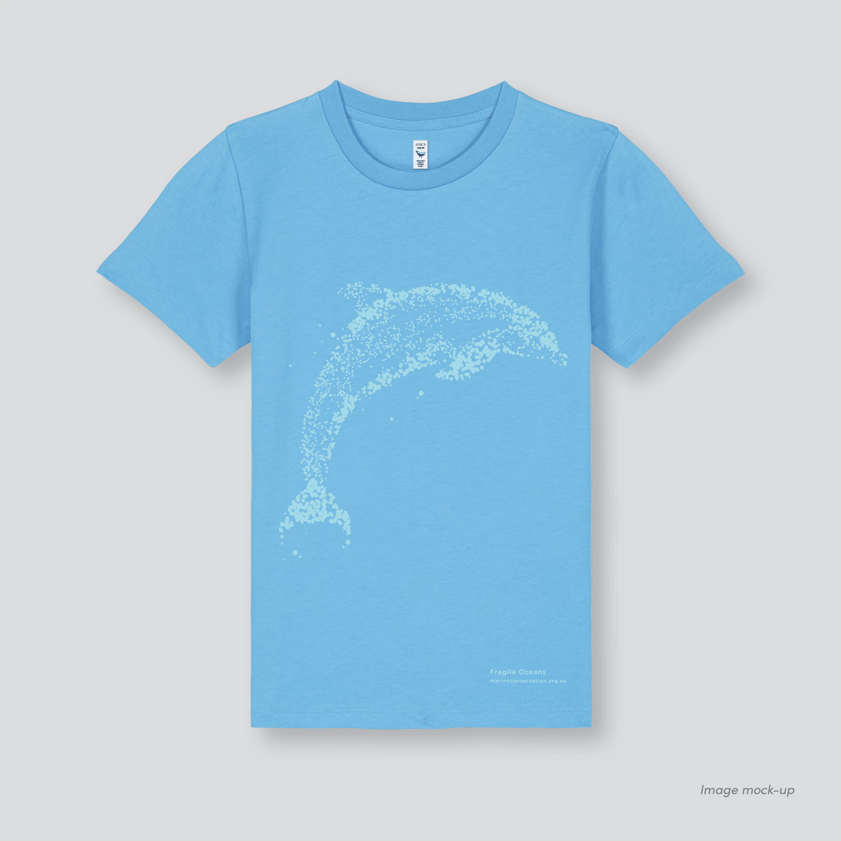 Fragile Oceans aqua blue, organic cotton kids t-shirt with a screen print of a dolphin.