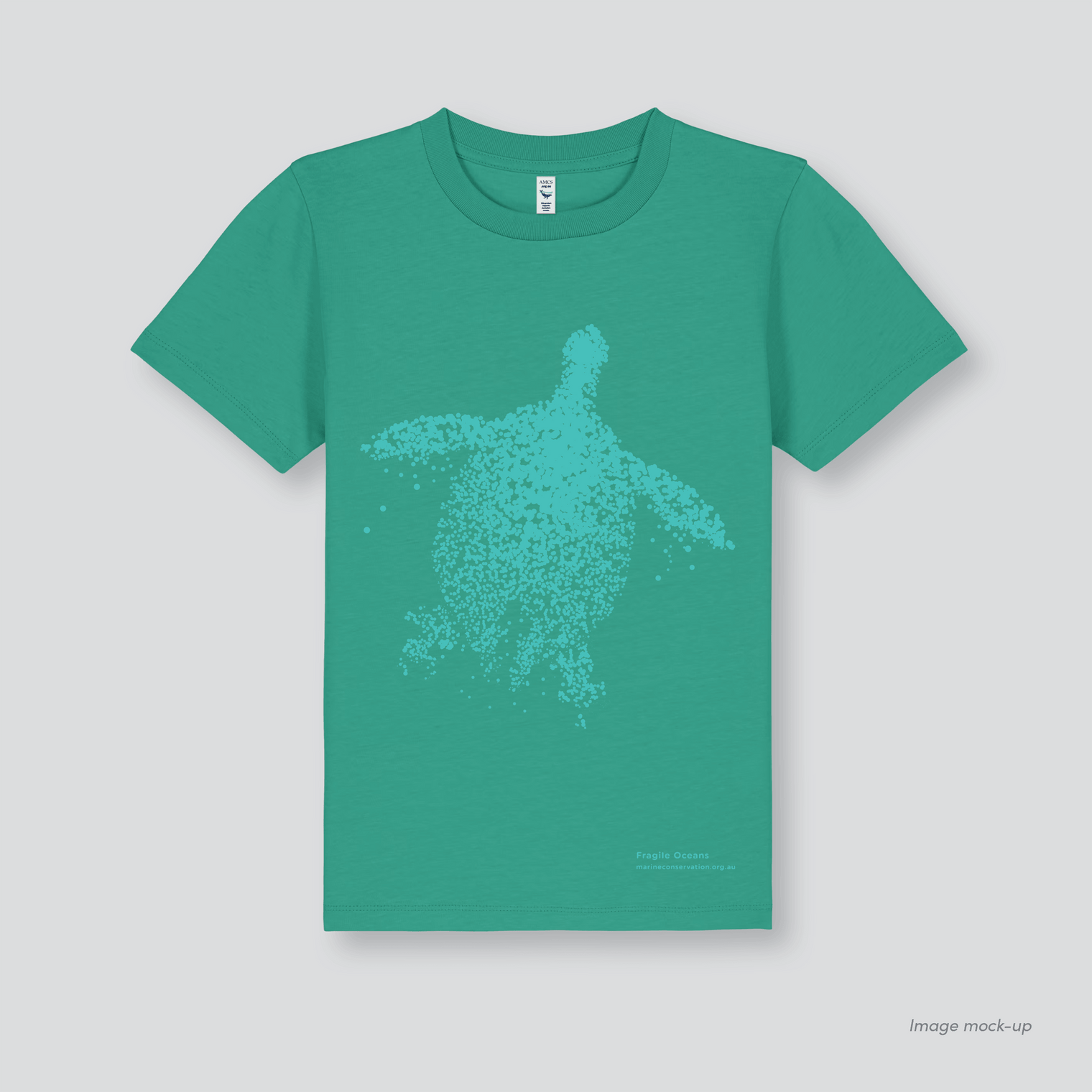 Fragile Oceans bright green, organic cotton kids t-shirt with a screen print of a sea turtle.