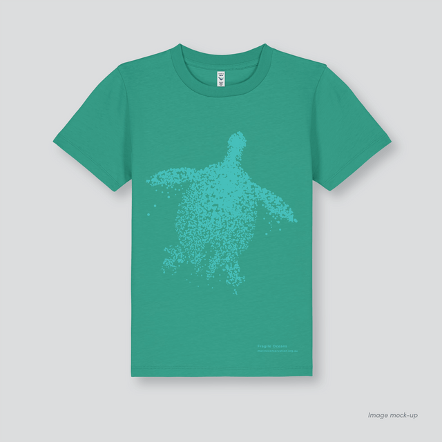 Fragile Oceans bright green, organic cotton kids t-shirt with a screen print of a sea turtle.