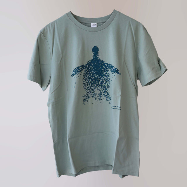 Fragile Oceans organic cotton, short sleeve, green t-shirt with turtle print rendered in water bubbles.