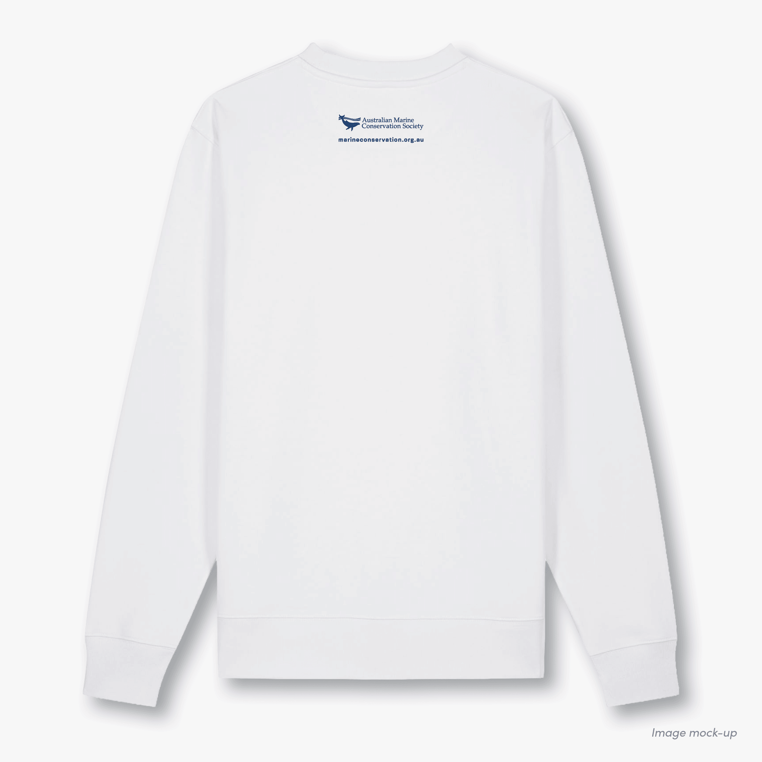 Fragile Oceans white, organic cotton sweatshirt with the Australian Marine Conservation logo on the back.