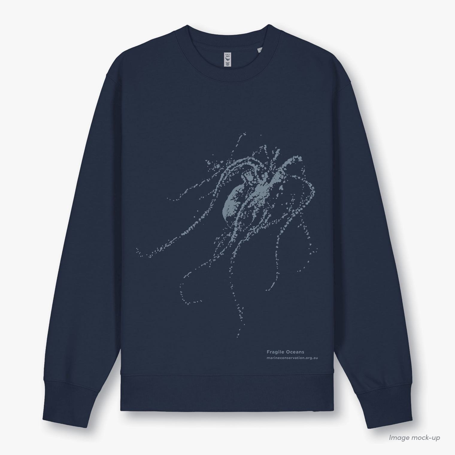 Fragile Oceans navy, organic cotton sweatshirt with a light grey screen print of an octopus.