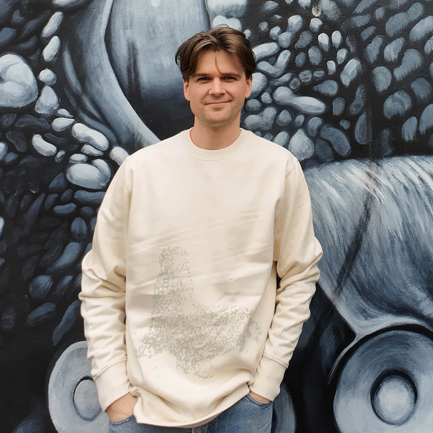 Fragile Oceans natural raw sweatshirt with Australian sea lion screen print worn by our AMCS team.