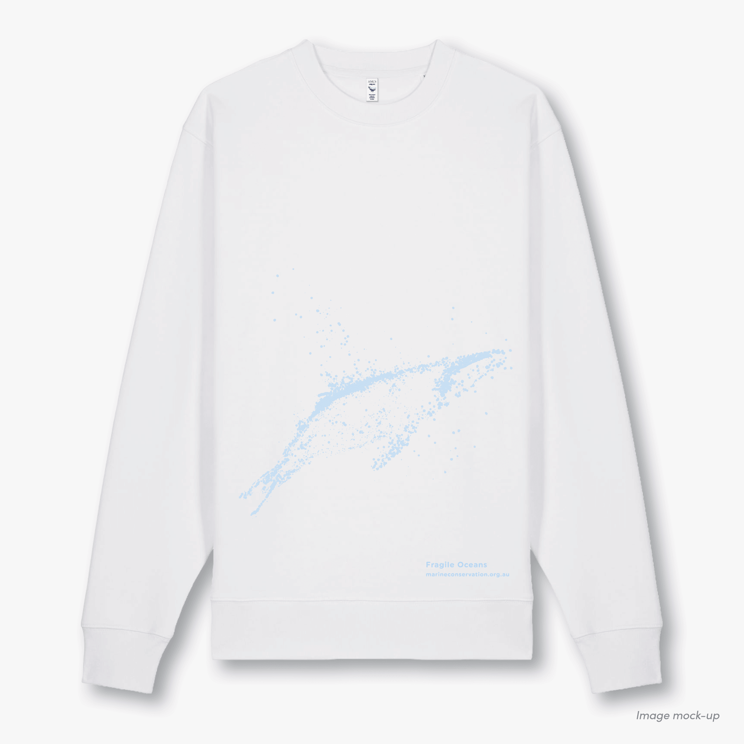Fragile Oceans white, organic cotton sweatshirt with a light blue screen print of a whale.