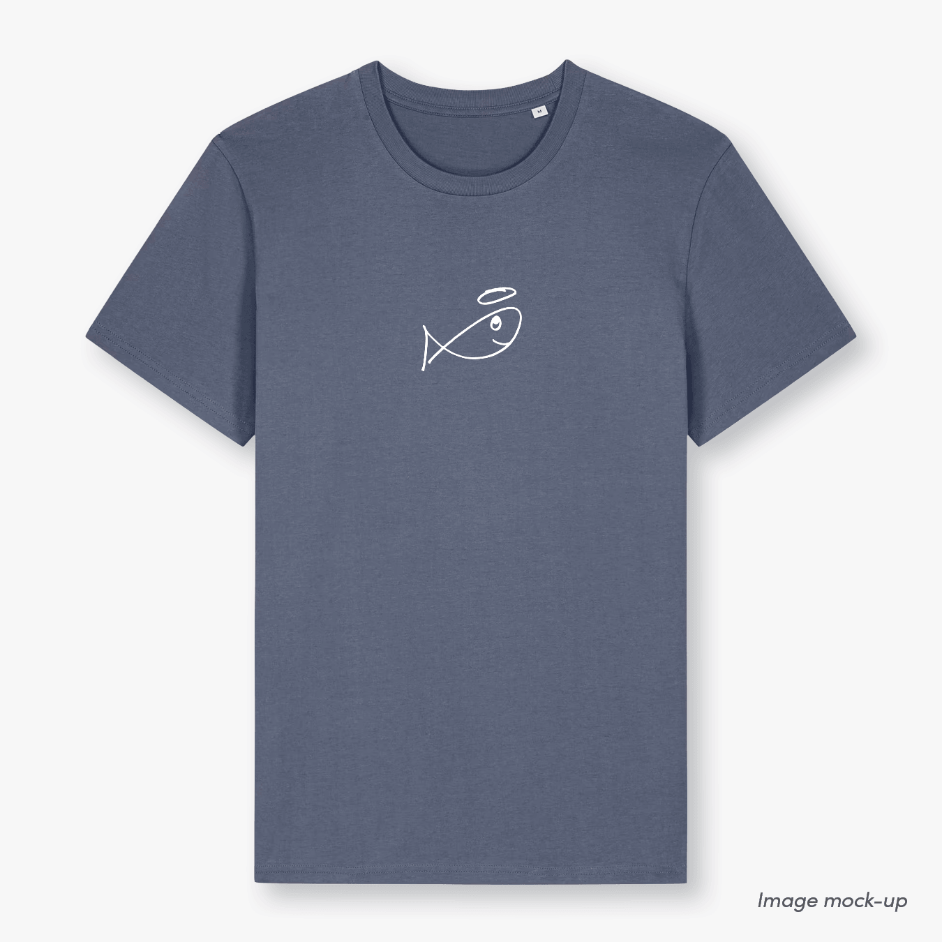 GoodFish organic cotton grey-blue t-shirt with a white screen print of the GoodFish logo (front).