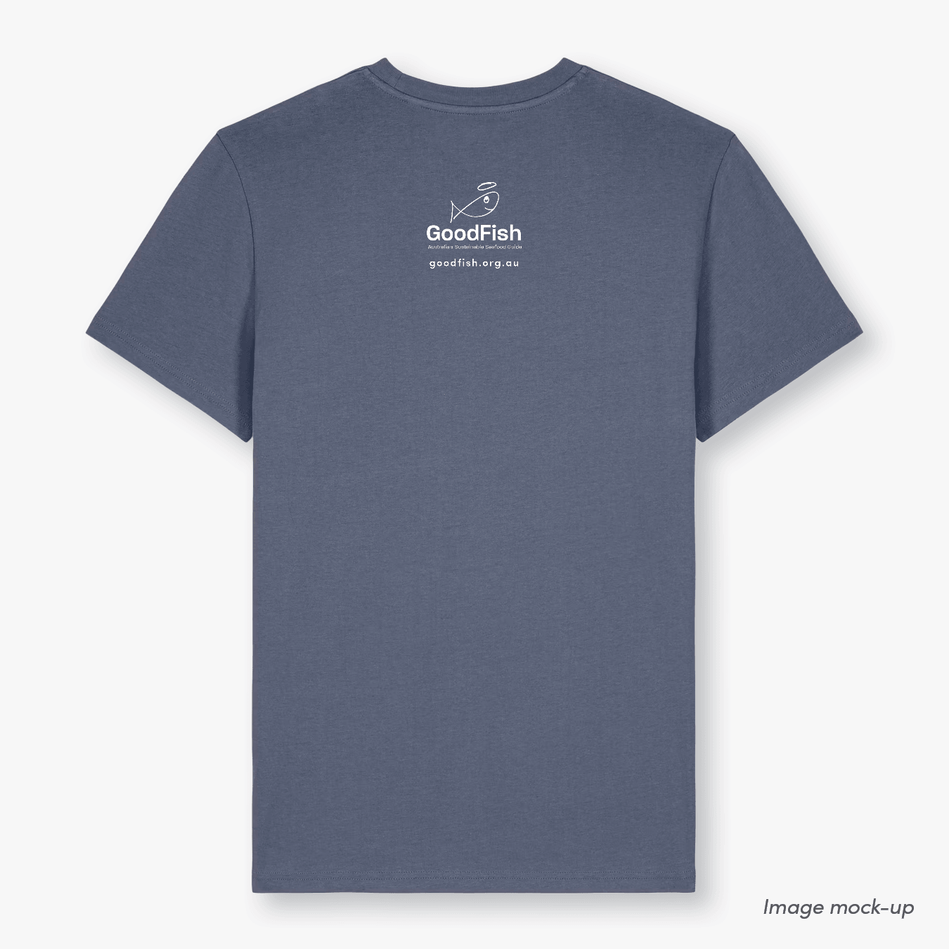 GoodFish organic cotton grey-blue t-shirt with a white screen print of the GoodFish logo (back).