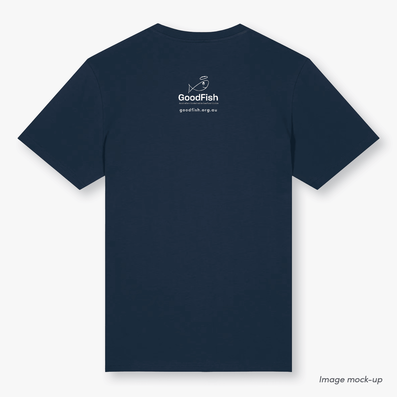 GoodFish organic cotton french navy t-shirt with a white print of the GoodFish logo (back).