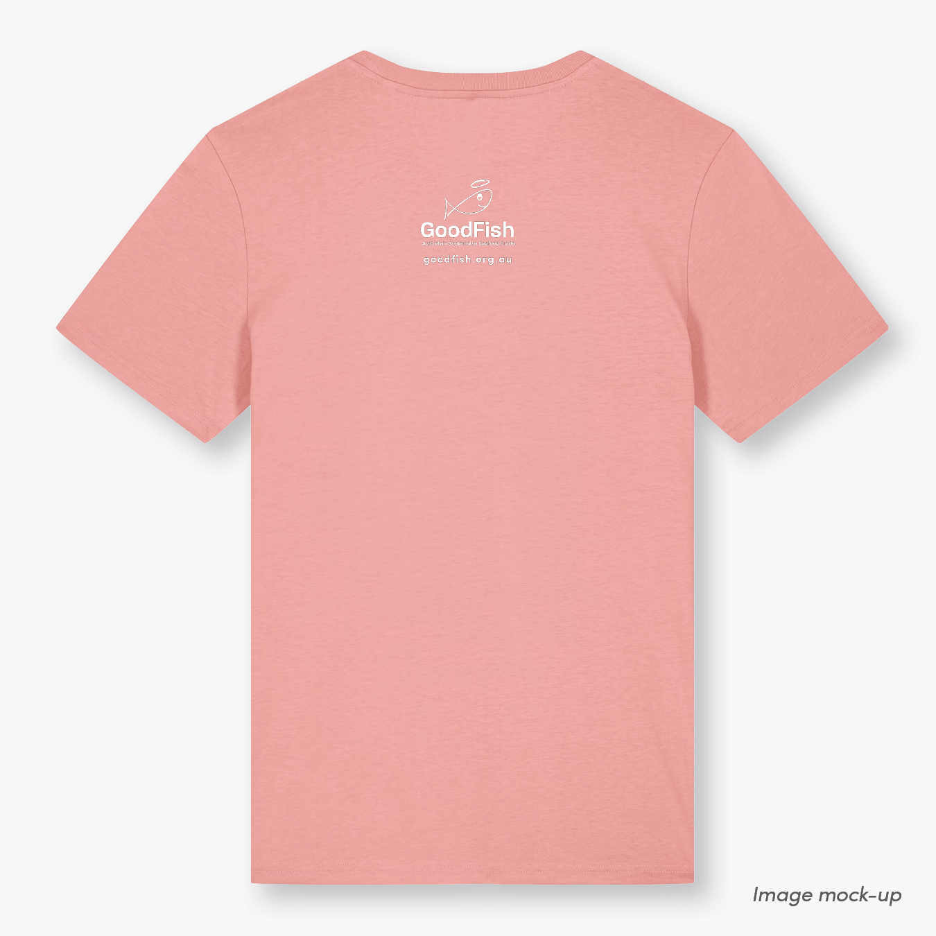 GoodFish organic cotton canyon pink t-shirt with a white screen print of the GoodFish logo (back).