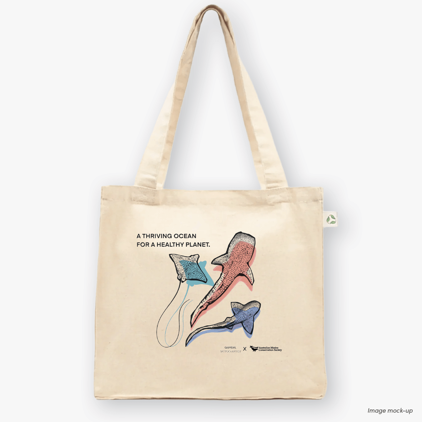 Natural canvas tote bags featuring screen-printed artwork of whale sharks and a manta ray by Guy Shoval, together with the AMCS vision statement: "A thriving ocean for a healthy planet".