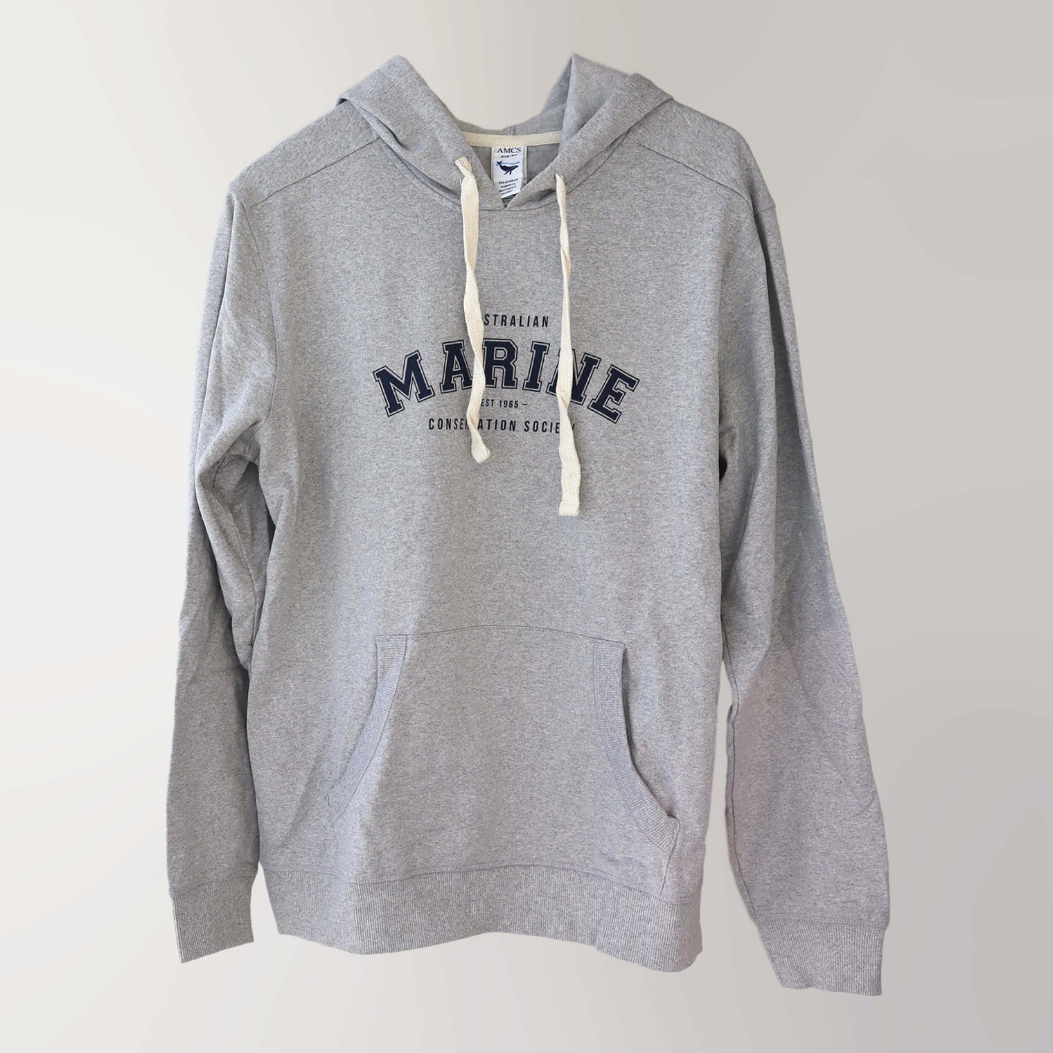 Light heathered grey drawcord hoodie (front), with bold capitalised lettering, 'Australian Marine Conservation Society'.