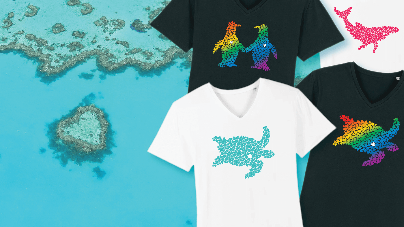Ocean Love t-shirts with colourful prints of marine wildlife on a background image of Heart Reef.