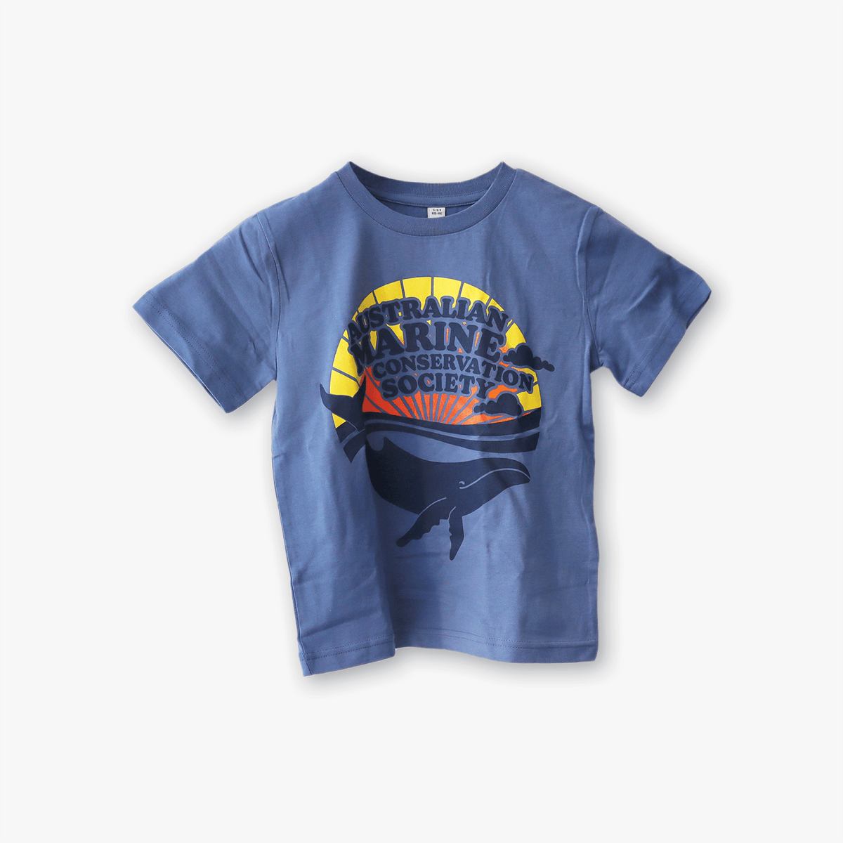 Retro blue organic cotton, kids t-shirt with a colourful print of the AMCS retrospective logo.