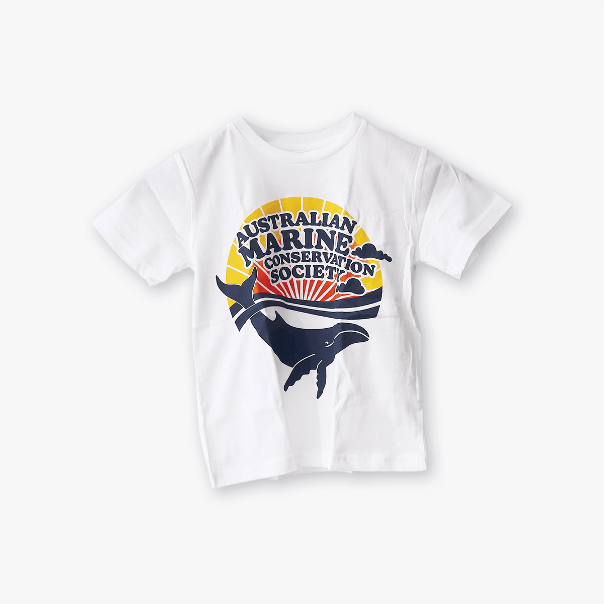 Retro white organic cotton, kids t-shirt with a colourful print of the AMCS retrospective logo.