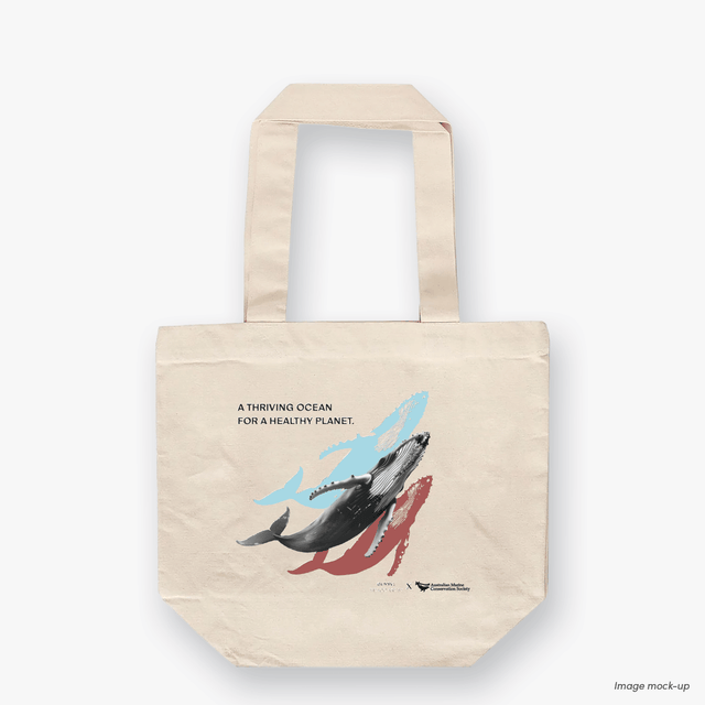 A natural canvas tote bag featuring screen-printed artwork of a humpback whale by Guy Shoval, together with the AMCS vision statement: "A thriving ocean for a healthy planet".