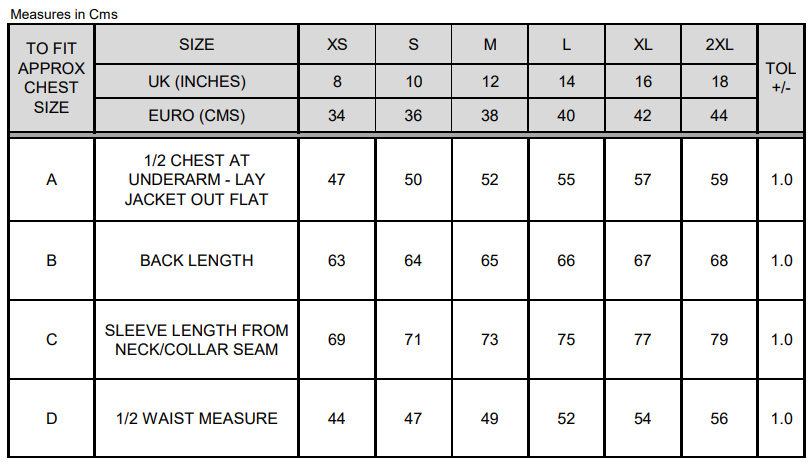 Measurement chart for women's soft shell jacket in inches and centimeters.
