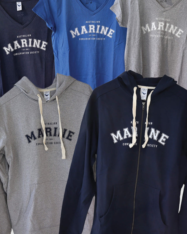 'Marine' team collection of crew and v-neck recycled t-shirts, and zip and drawcord re-fleece hoodies.