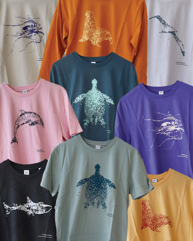 Fragile Oceans short and long sleeve t-shirt collection featuring original illustrations of Australia’s marine wildlife, rendered in water bubbles, in a variety of colours.