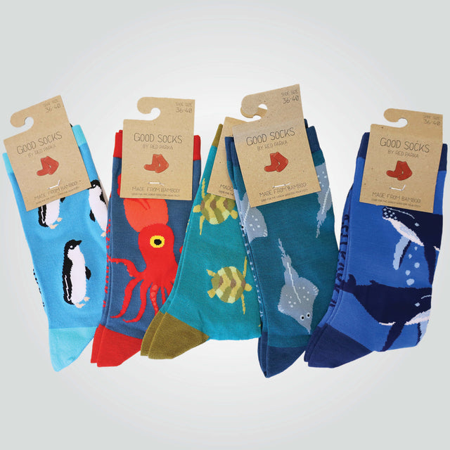 Good Socks collection by Red Parka including colourful crew socks with repeat patterns of marine wildlife.