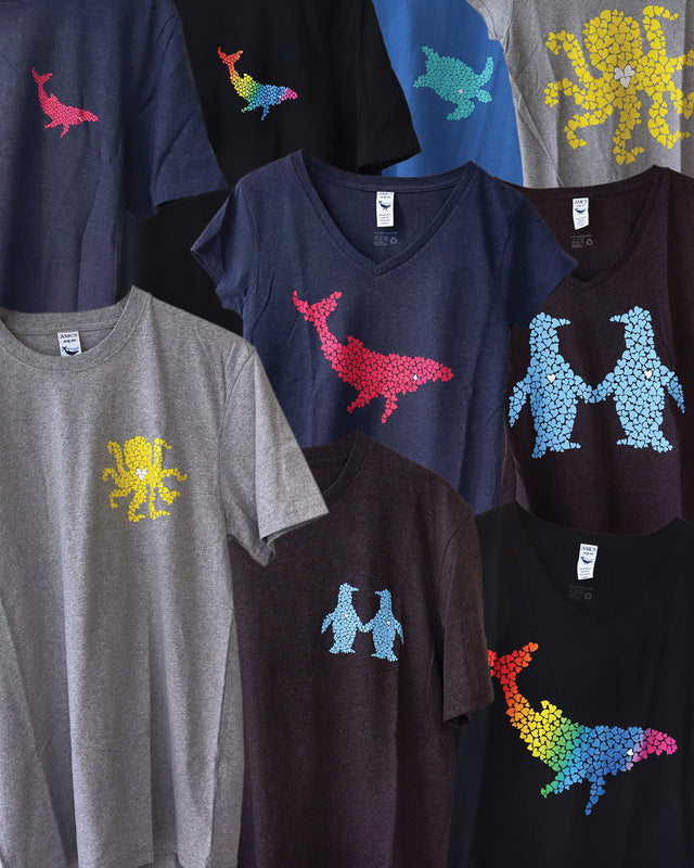 Ocean Love crew and v-neck t-shirt collection featuring heart pattern prints of marine wildlife in a variety of colours.