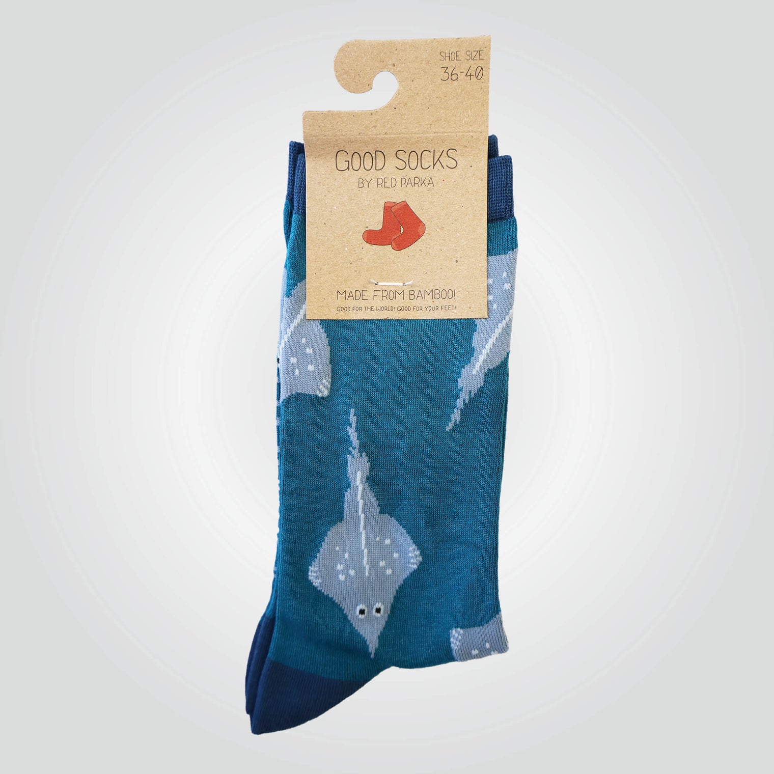 Multicoloured bamboo blend, crew socks by Red Parka with maugean skate pattern.