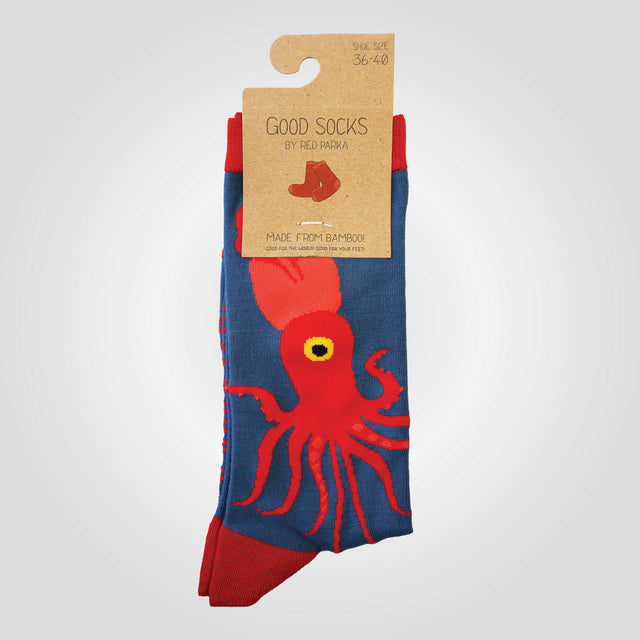 Multicoloured bamboo blend, crew socks by Red Parka with squid pattern.