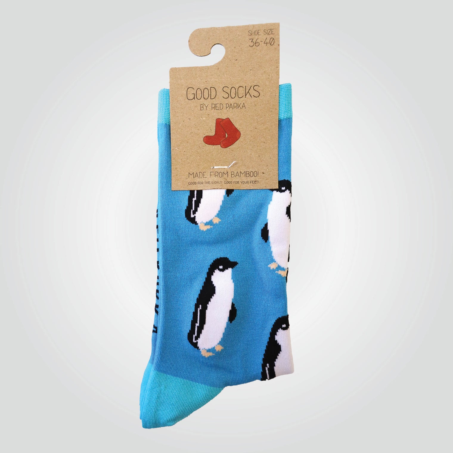 Multicoloured bamboo blend, crew socks by Red Parka with penguin pattern.