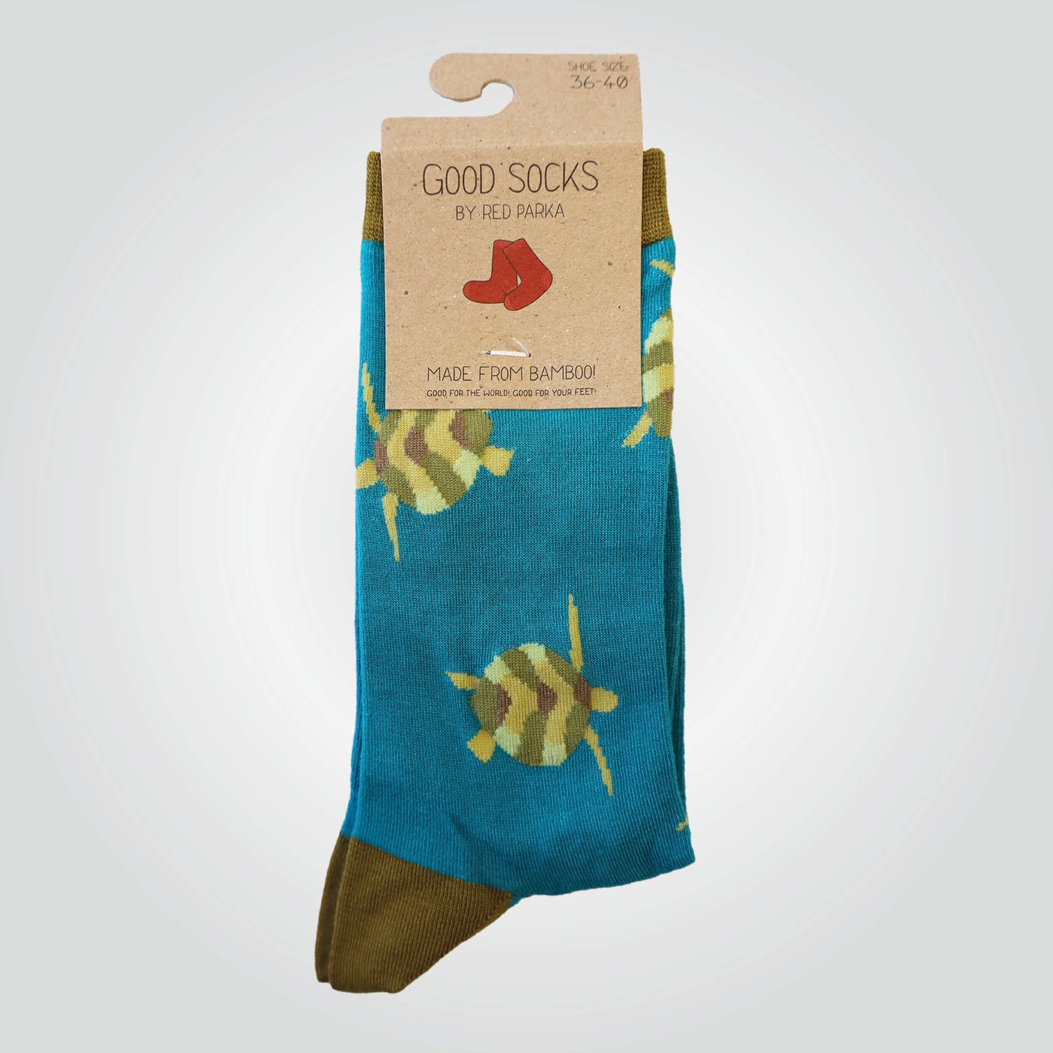 Multicoloured bamboo blend, crew socks by Red Parka with turtle pattern.