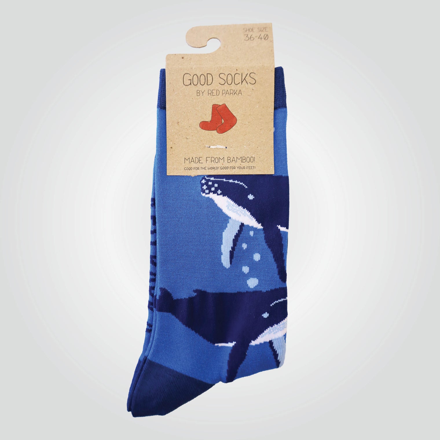Multicoloured bamboo blend, crew socks by Red Parka with whale pattern.