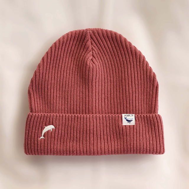 Ocean Icons organic cotton, clay beanie embroidered with a dolphin in white thread.