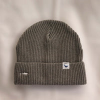 Ocean Icons organic cotton, grey beanie embroidered with a shark in white thread.