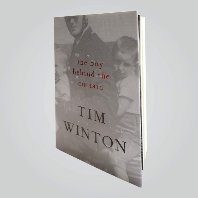 'The Boy Behind The Curtain' book cover (front) by multi award-winning Australian author and AMCS Patron, Tim Winton, featuring an image of a father with two children on a motorcycle.