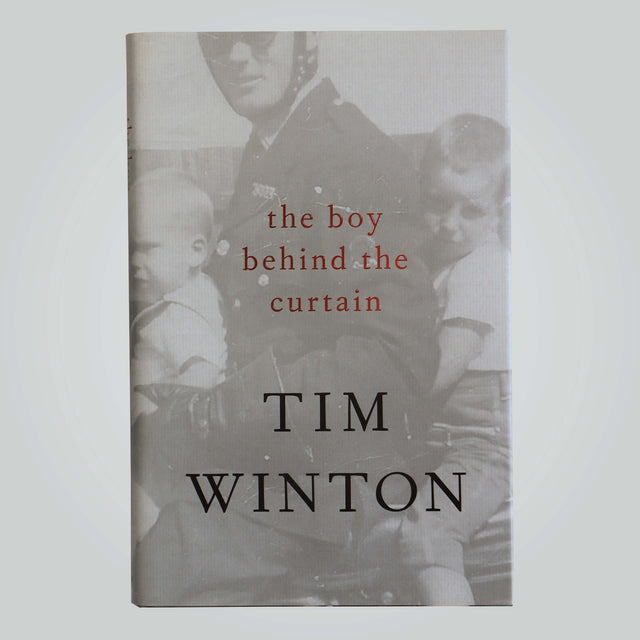 'The Boy Behind The Curtain' book cover (front) by multi award-winning Australian author and AMCS Patron, Tim Winton, featuring an image of a father with two children on a motorcycle.