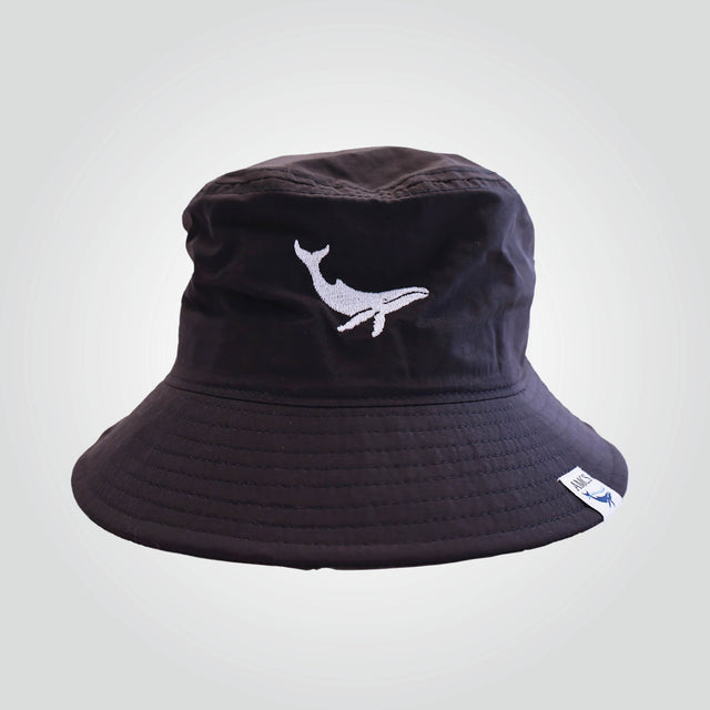 Ocean Icons recycled, navy bucket hat embroidered with a humpback whale in white thread.