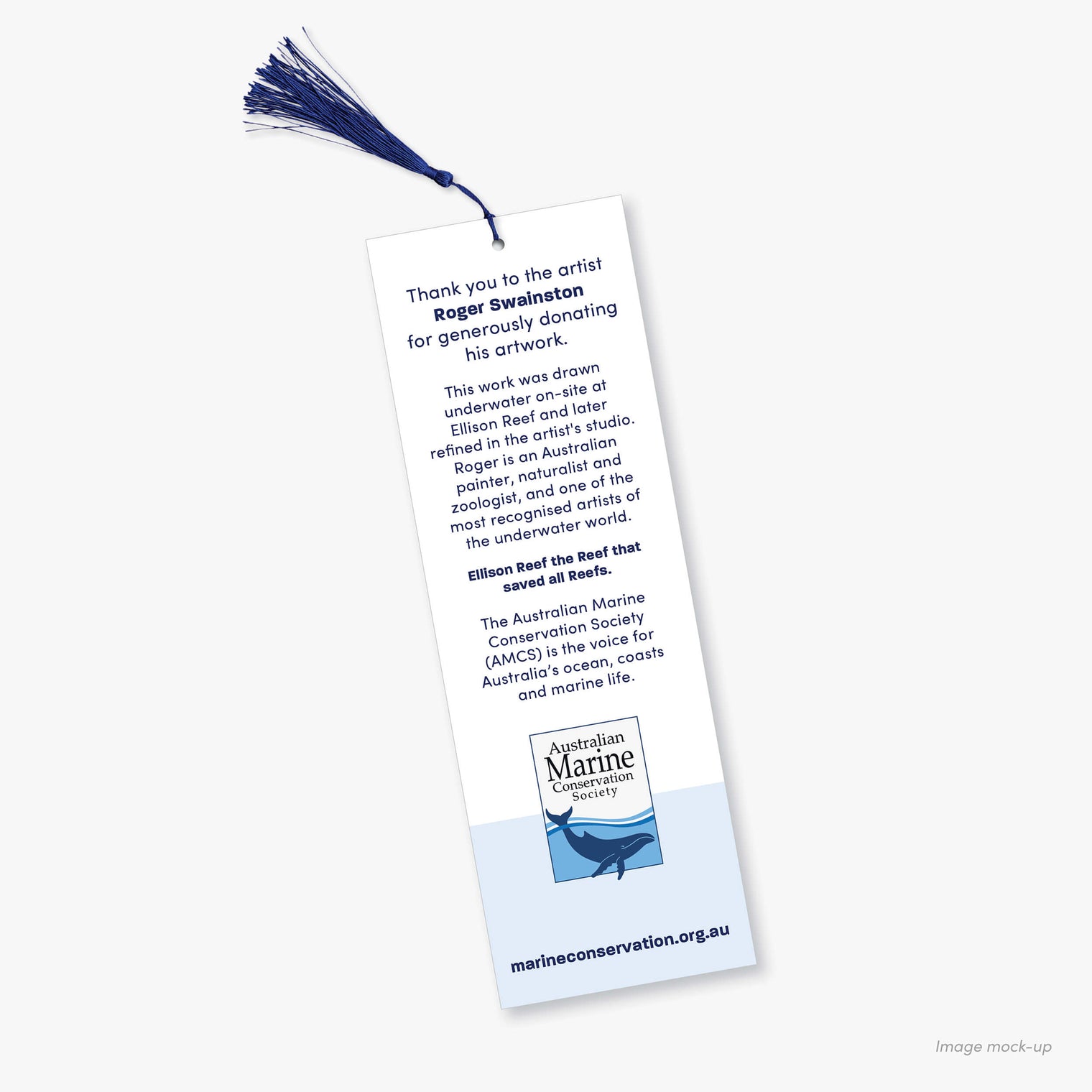 Ellison Reef bookmark with a blue tassel and the Australian Marine Conservation Society logo (back).