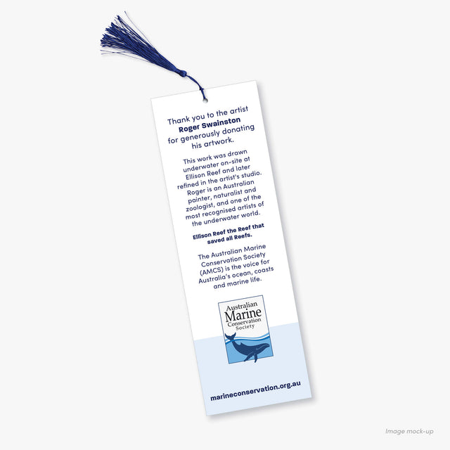 Ellison Reef bookmark with a blue tassel and the Australian Marine Conservation Society logo (back).