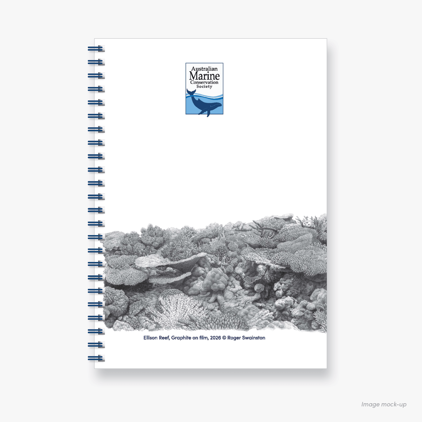 Spiral-bound A5 notebook featuring hand-drawn back cover artwork of Ellison Reef by artist Roger Swainston.