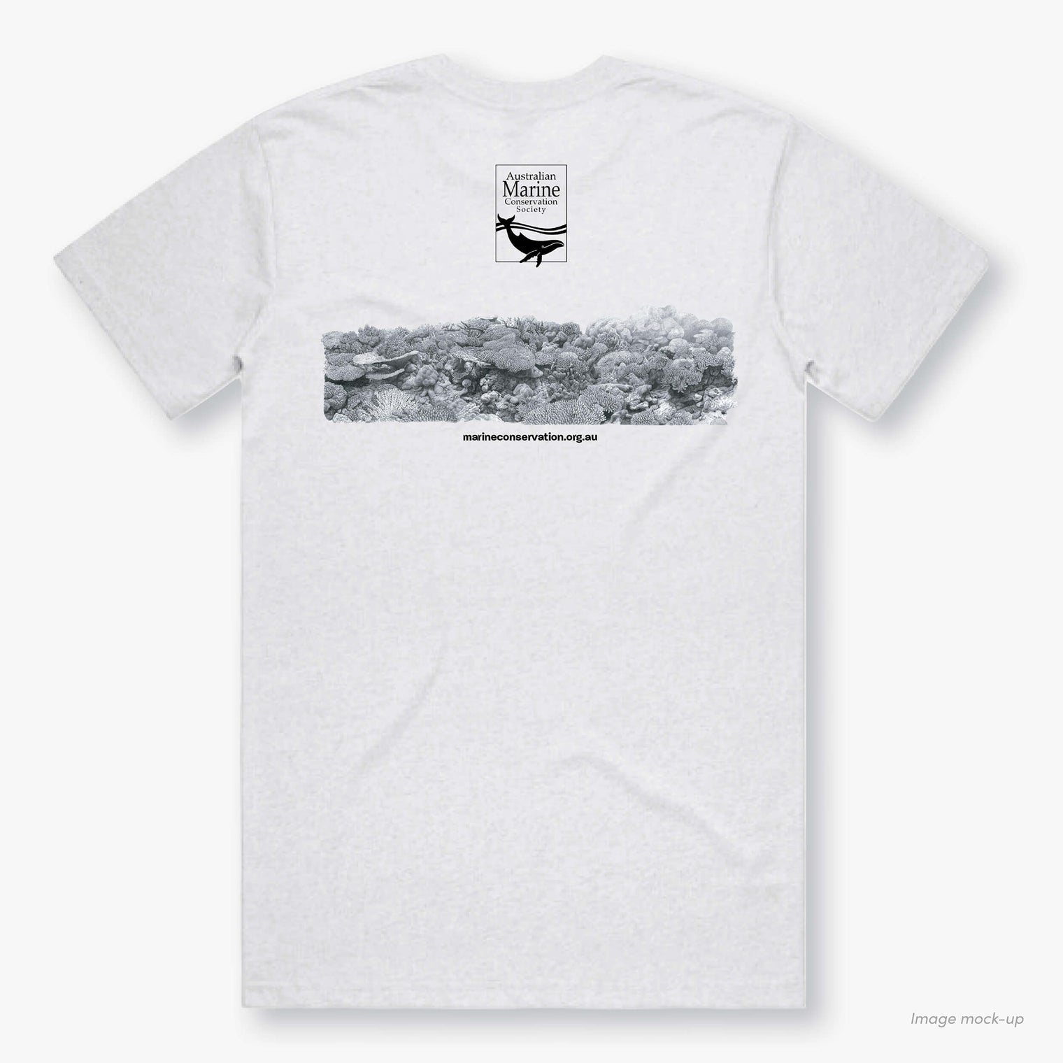 Ellison Reef white, organic cotton t-shirt featuring printed artwork by Roger Swainston and the Australian Marine Conservation Society logo (back).