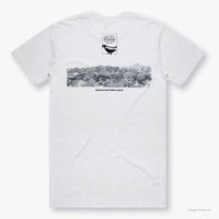 Ellison Reef white, organic cotton t-shirt featuring printed artwork by Roger Swainston and the Australian Marine Conservation Society logo (back).
