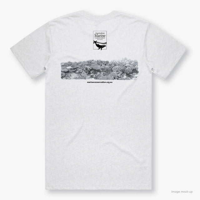 Ellison Reef white, organic cotton t-shirt featuring printed artwork by Roger Swainston and the Australian Marine Conservation Society logo (back).