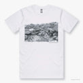 Ellison Reef white, organic cotton t-shirt featuring printed artwork by Roger Swainston (front).