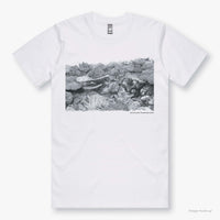 Ellison Reef white, organic cotton t-shirt featuring printed artwork by Roger Swainston (front).