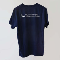 'End Offshore Fossil Fuels' organic cotton, navy t-shirt (back) with Australian Marine Conservation Society logo in white.